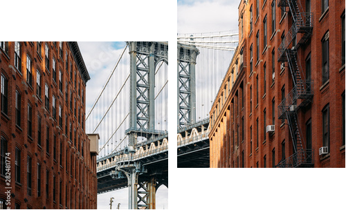 Brooklyn Bridge widziany między dwoma pięknymi brązowymi budynkami o zachodzie słońca - Obraz dwuczęściowy, Dyptyk