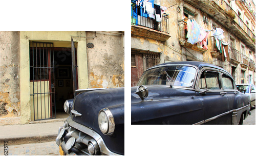 Klasyczny stary samochód jest czarny kolor zaparkowany przed budynkiem - Obraz dwuczęściowy, Dyptyk