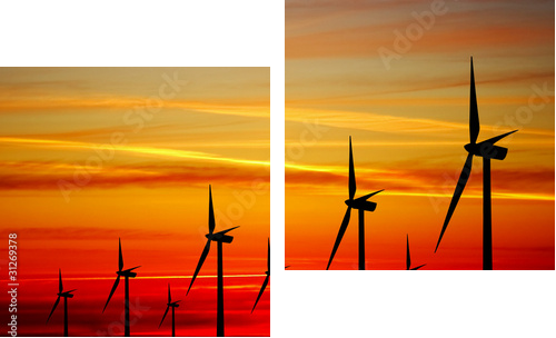 Farmy wiatrowe turbiny o zachodzie słońca - Obraz dwuczęściowy, Dyptyk