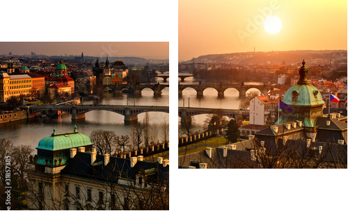 Panoramiczny widok na Most Karola i zachodem słońca Prague lights. - Obraz dwuczęściowy, Dyptyk