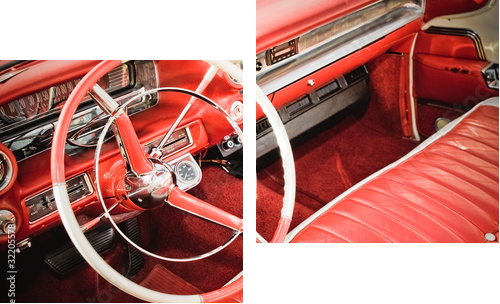 klasyczne wnętrze samochodu z czerwoną skórzaną tapicerką - Obraz dwuczęściowy, Dyptyk