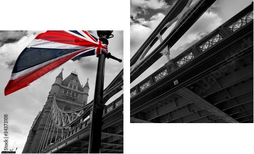 London Tower Bridge z kolorową flagą Anglii - Obraz dwuczęściowy, Dyptyk