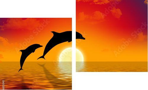 ilustracja dwóch delfinów pływanie w zachodzie słońca - Obraz dwuczęściowy, Dyptyk