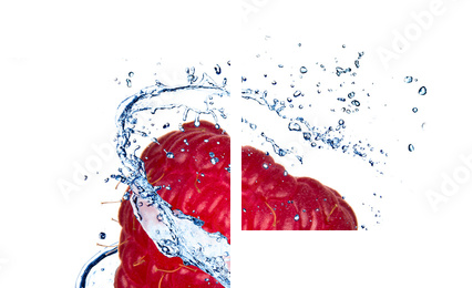 Malinka z wodnym pluśnięciem, odosobnionym na białym tle - Obraz dwuczęściowy, Dyptyk