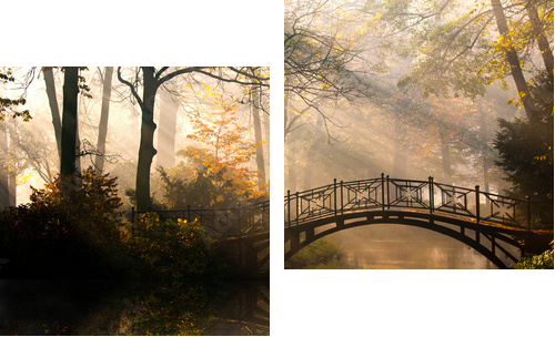 Jesień - Stary most jesienią mglisty park - Obraz dwuczęściowy, Dyptyk