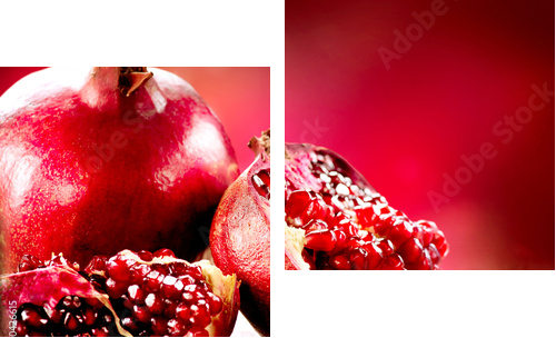 Granaty na czerwonym tle. Bio Bio owoce - Obraz dwuczęściowy, Dyptyk
