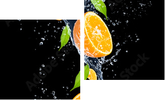 Pomarańcze w wodnym pluśnięciu, odosobnionym na czarnym tle - Obraz dwuczęściowy, Dyptyk