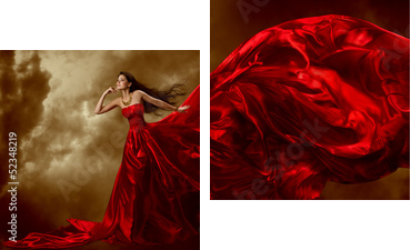 Kobieta macha piękną suknię z latającą tkaniną w czerwieni - Obraz dwuczęściowy, Dyptyk