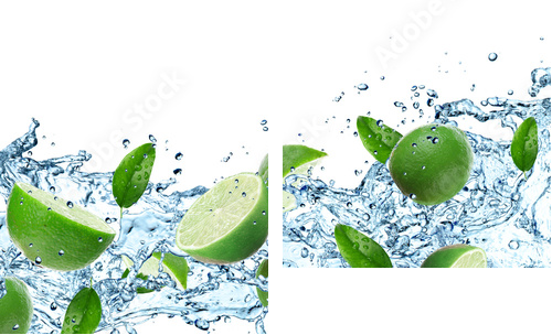 Limonki i plusk wody nad białym - Obraz dwuczęściowy, Dyptyk