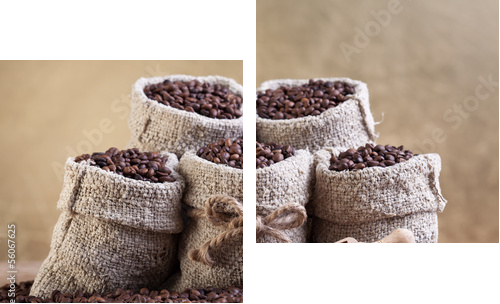 Palone ziarna kawy w małych jutowych torbach - Obraz dwuczęściowy, Dyptyk