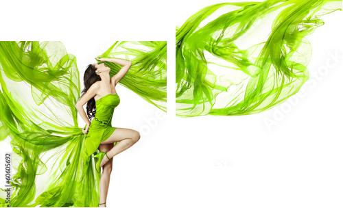 Kobieta tańczy w zielonej sukni, fruwające macha tkaniny - Obraz dwuczęściowy, Dyptyk