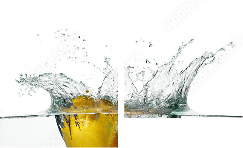Świeże cytryny Bryzgają w wodzie Odizolowywającej na Białym tle - Obraz dwuczęściowy, Dyptyk