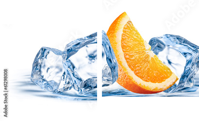 Pomarańczowa owoc z lodem odizolowywającym na białym tle - Obraz dwuczęściowy, Dyptyk