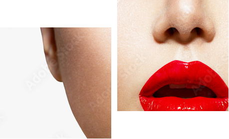 Czerwony seksowny zbliżenie usta i paznokcie. Manicure i makijaż - Obraz dwuczęściowy, Dyptyk