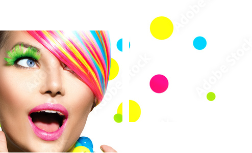 Piękno portret z kolorowym Makeup manicure i fryzurą - Obraz dwuczęściowy, Dyptyk