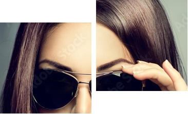 Model piękna dziewczyna z długie brązowe włosy nosi okulary - Obraz dwuczęściowy, Dyptyk