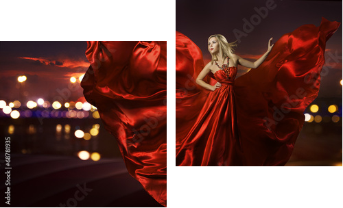 kobieta tańczy w jedwabnej sukni, artystyczny czerwony dmuchanie suknia macha - Obraz dwuczęściowy, Dyptyk