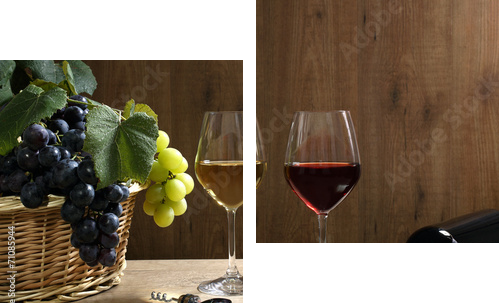 wino dwie szklanki na drewnianym stole - Obraz dwuczęściowy, Dyptyk