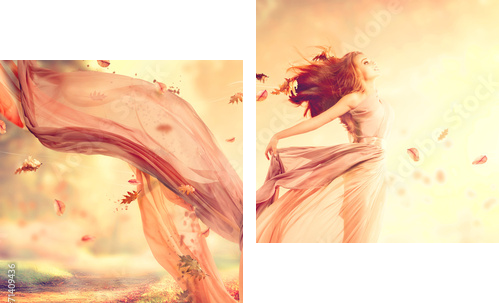 Jesienna dziewczyna fantasy, wróżka w dmuchanie szyfonowa sukienka - Obraz dwuczęściowy, Dyptyk