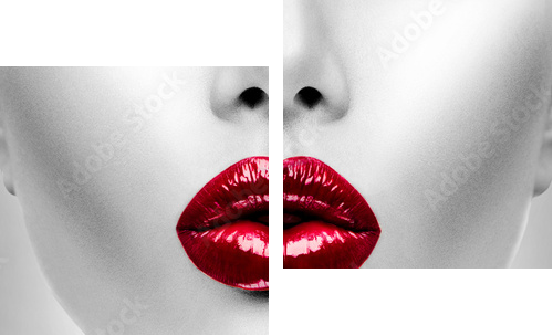 Sexy czerwone usta. Model piękna kobieta zbliżenie twarzy - Obraz dwuczęściowy, Dyptyk