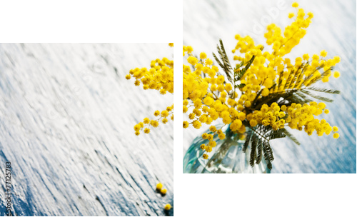 Bukiet mimozy (srebny chrustowy) w wazie na drewnianym tle - Obraz dwuczęściowy, Dyptyk