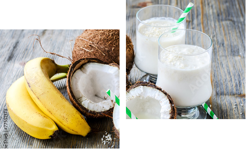 Kokosowego mleka smoothie napój z bananami na drewnianym tle - Obraz dwuczęściowy, Dyptyk