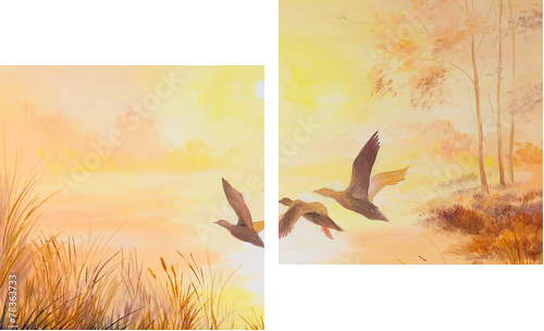 obraz olejny - Dźwigi o zachodzie słońca, dzieła sztuki - Obraz dwuczęściowy, Dyptyk