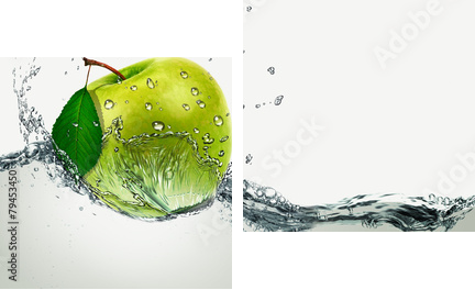Zielone jabłko pośród plusk wody. - Obraz dwuczęściowy, Dyptyk