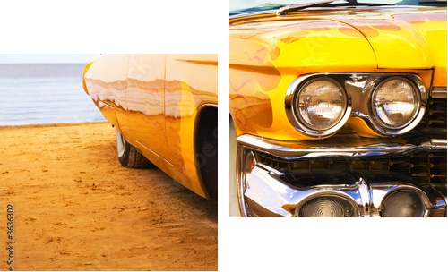 Klasyczny żółty płomień malowane Cadillac na plaży - Obraz dwuczęściowy, Dyptyk