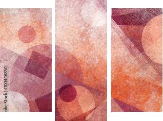 streszczenie nowoczesne geometryczne tło z różnych tekstur i kształtów, pływające koła kwadraty diamenty i trójkąty w kolorach pomarańczowym białym i bordowym różowym, układ kompozycji artystycznej - Obraz trzyczęściowy, Tryptyk