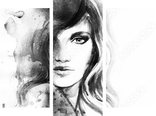 Piękna kobieta portret. Streszczenie moda akwarela ilustracja - Obraz trzyczęściowy, Tryptyk