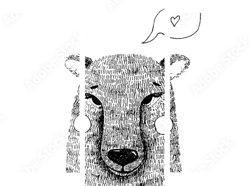 Ręcznie rysowane słodki Miś ręcznie ilustracji. Szkic tuszem z dzikiego zwierzęcia - niedźwiedź z muszką, policzki i dymek z sercem - Obraz trzyczęściowy, Tryptyk