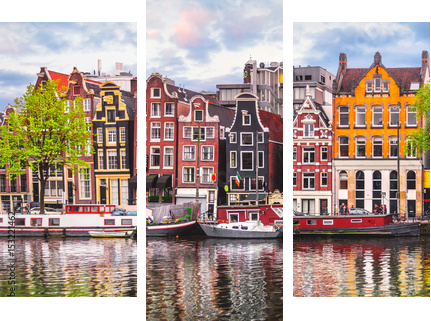 Amsterdam Holandia tańczące domy nad rzeką Amstel landmark - Obraz trzyczęściowy, Tryptyk