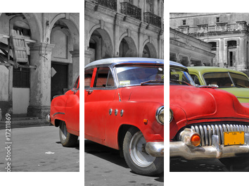 Kolorowa panorama samochodów Hawana - Obraz trzyczęściowy, Tryptyk
