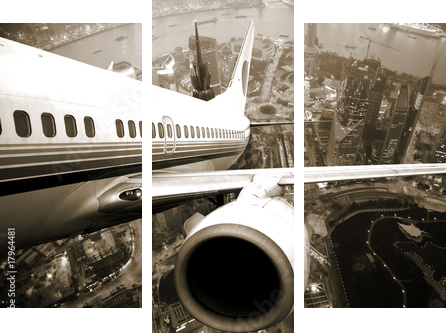 Lot w przestworza – samolot nad miastem - Obraz trzyczęściowy, Tryptyk