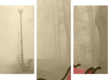 czerwona ławka we mgle - Obraz trzyczęściowy, Tryptyk