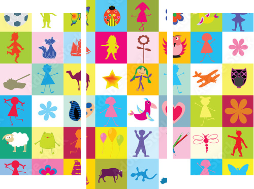 Symbole dzieciństwa – kolorowa plansza - Obraz trzyczęściowy, Tryptyk