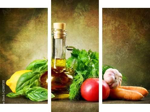 Zdrowe warzywa i oliwa z oliwek.Vintage w stylu - Obraz trzyczęściowy, Tryptyk
