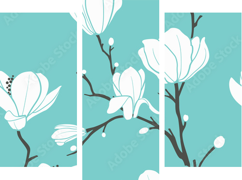 niebieski wzór magnolii - Obraz trzyczęściowy, Tryptyk