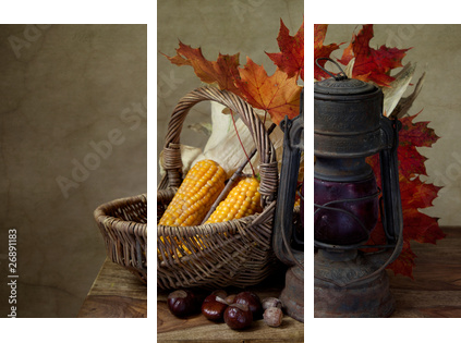 Jesień wciąż życie z nafty lampą i kukurudza w łozinowym koszu - Obraz trzyczęściowy, Tryptyk
