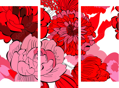 Bezszwowy wzór z czerwonymi kwiatami - Obraz trzyczęściowy, Tryptyk