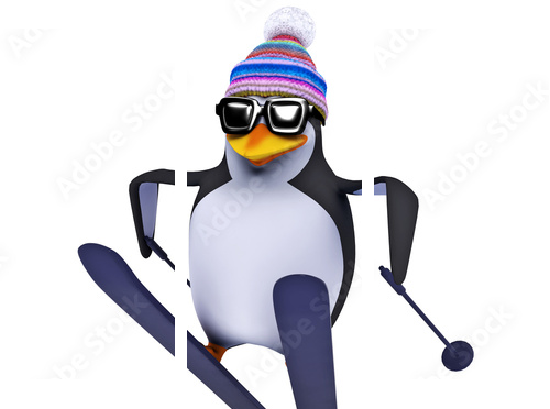 Sporty zimowe - pingwin na nartach - Obraz trzyczęściowy, Tryptyk