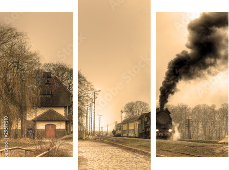 Stary retro pociąg parowy - Obraz trzyczęściowy, Tryptyk