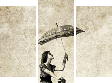 Dziewczyna z parasolem na rowerze. Zdjęcie w starym stylu obrazu. - Obraz trzyczęściowy, Tryptyk
