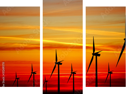 Farmy wiatrowe turbiny o zachodzie słońca - Obraz trzyczęściowy, Tryptyk