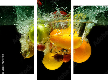 Owoce i warzywa pluskają się w wodzie - Obraz trzyczęściowy, Tryptyk