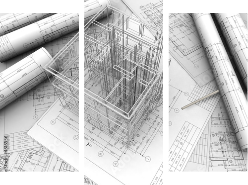 Kreatywna strona umysłu - plany budynków - Obraz trzyczęściowy, Tryptyk