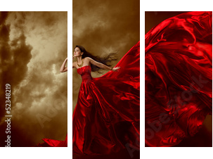 Kobieta macha piękną suknię z latającą tkaniną w czerwieni - Obraz trzyczęściowy, Tryptyk
