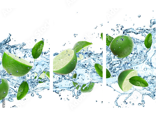 Limonki i plusk wody nad białym - Obraz trzyczęściowy, Tryptyk