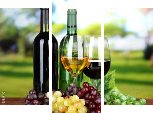 Butelki wina i kieliszki wina na jasnym tle - Obraz trzyczęściowy, Tryptyk